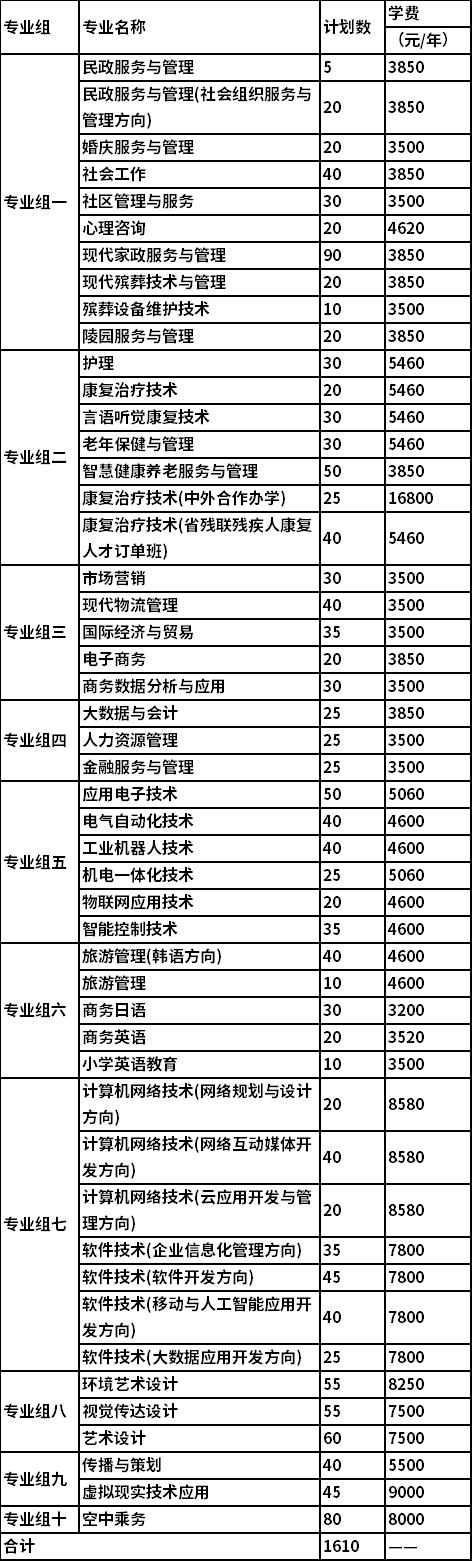 2022年长沙民政职业技术学院湖南单独招生专业及计划