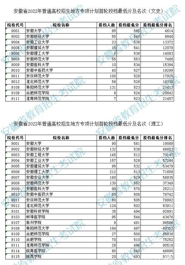 2022安徽高校地方专项计划投档最低分及排名