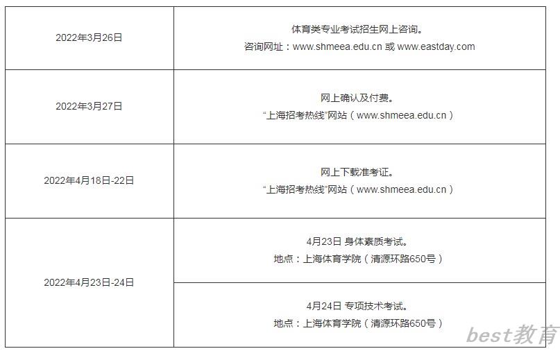 上海体育类专业考试招生工作日程
