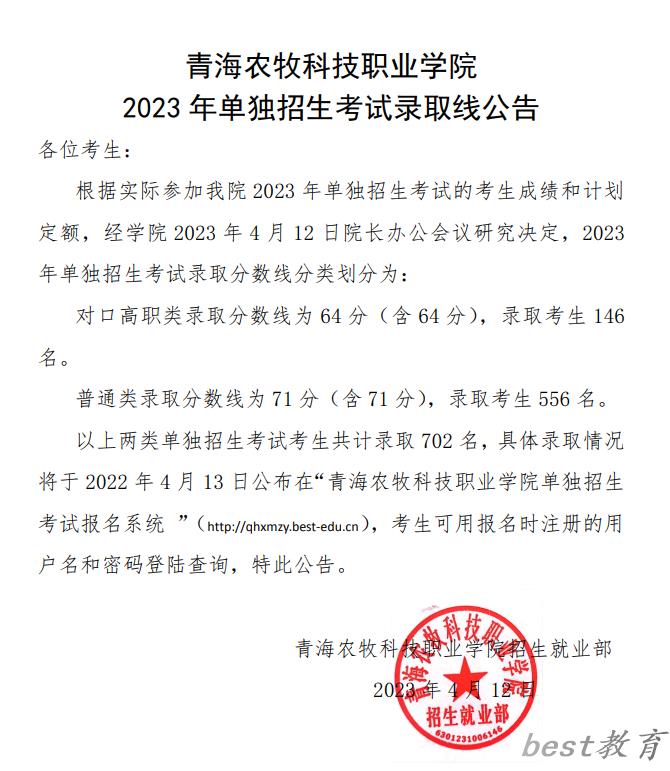 2024年青海农牧科技职业学院单招录取分数线