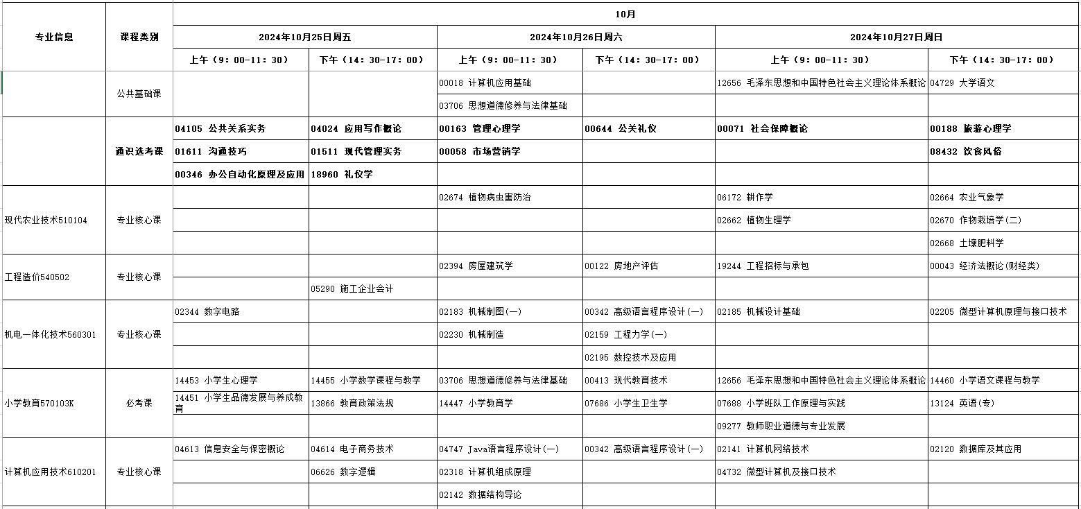 2024湖北10月自考科目考试时间安排表