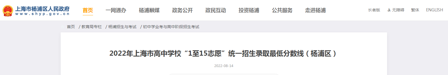 2022年上海市高中学校“1至15志愿”统一招生录取最低分数线（杨浦区）