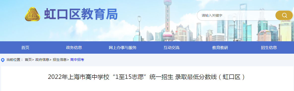 2022年上海市高中学校“1至15志愿”统一招生 录取最低分数线（虹口区）